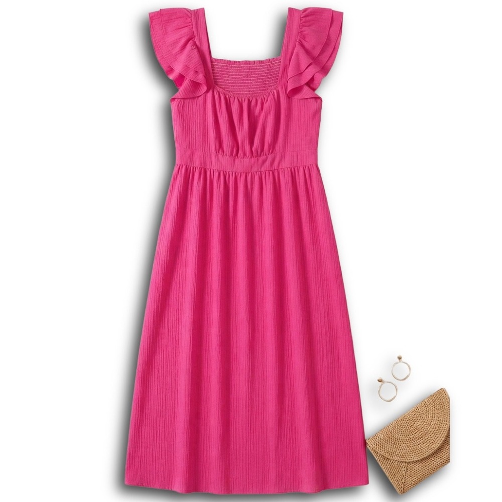 Shein Hot Pink Ruffle Sleeve Smocked Back Midi Dress Plus Size 4XL Square Neck